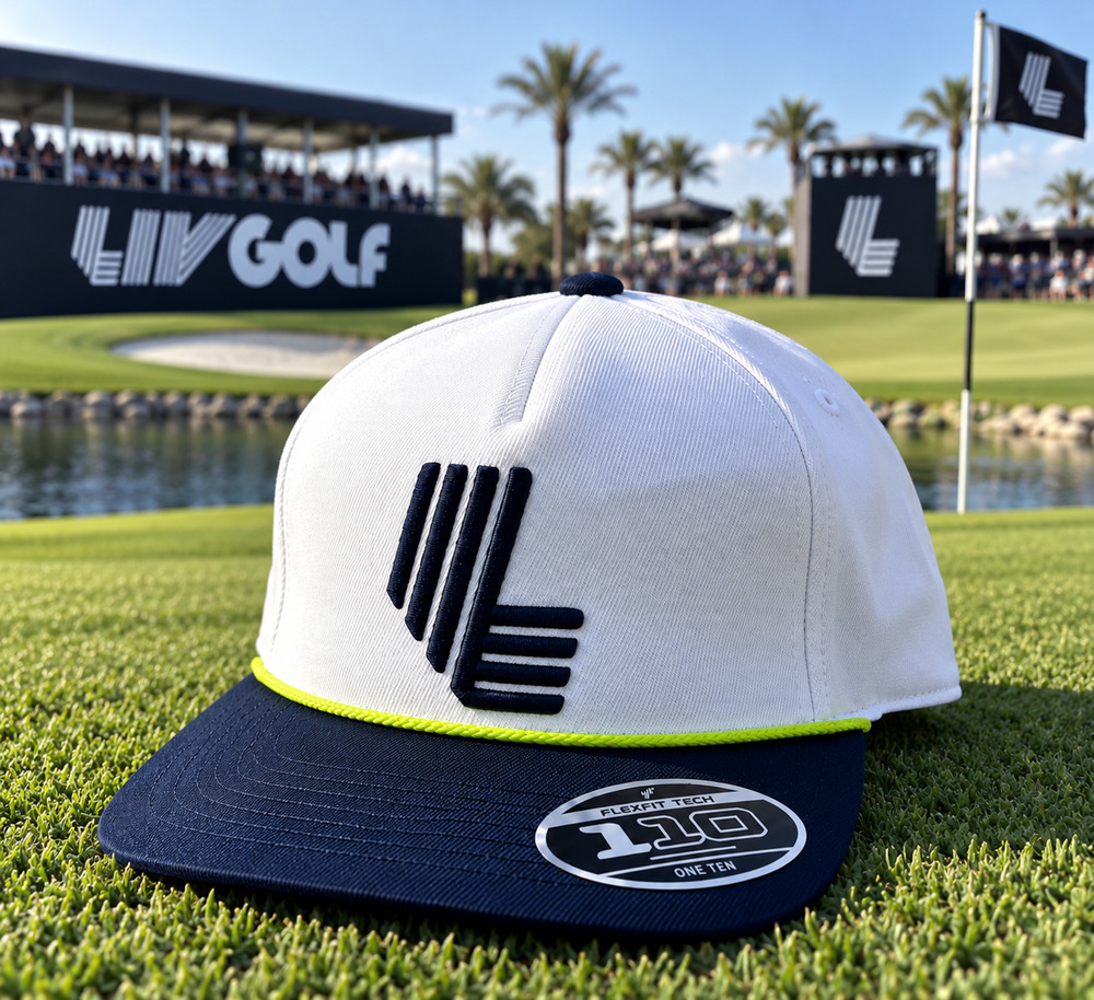LIV Golf Flexfit 110 Rope Snapback Hat White Navy Adjustable Yupoong
